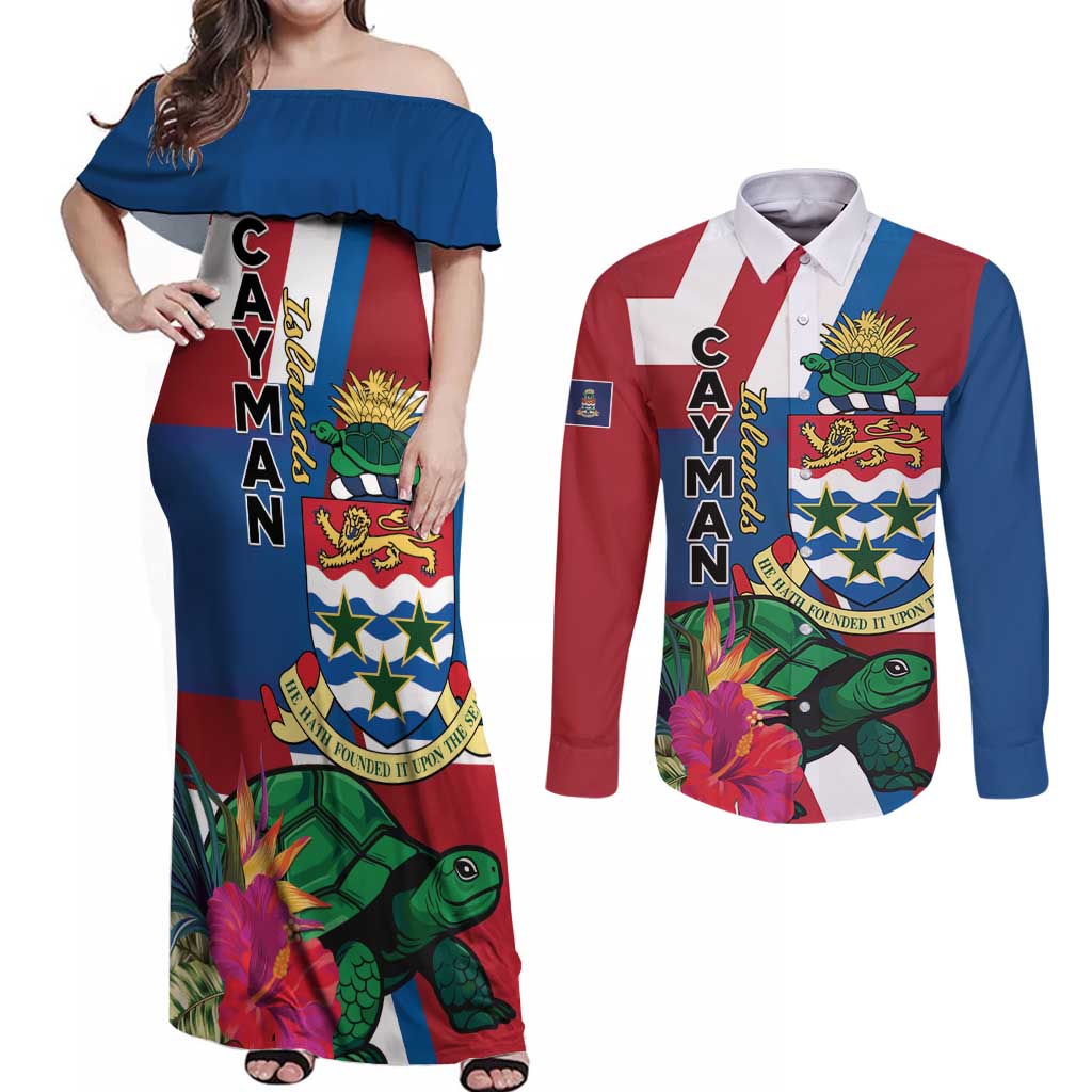 Personalised Cayman Islands Couples Matching Off Shoulder Maxi Dress and Long Sleeve Button Shirt Tropical Green Turtle