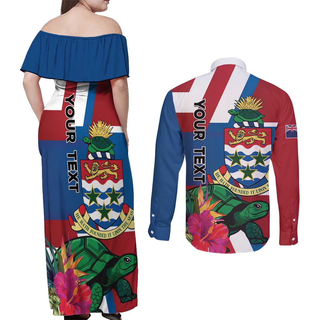 Personalised Cayman Islands Couples Matching Off Shoulder Maxi Dress and Long Sleeve Button Shirt Tropical Green Turtle