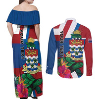Personalised Cayman Islands Couples Matching Off Shoulder Maxi Dress and Long Sleeve Button Shirt Tropical Green Turtle