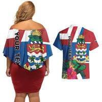 Personalised Cayman Islands Couples Matching Off Shoulder Short Dress and Hawaiian Shirt Tropical Green Turtle