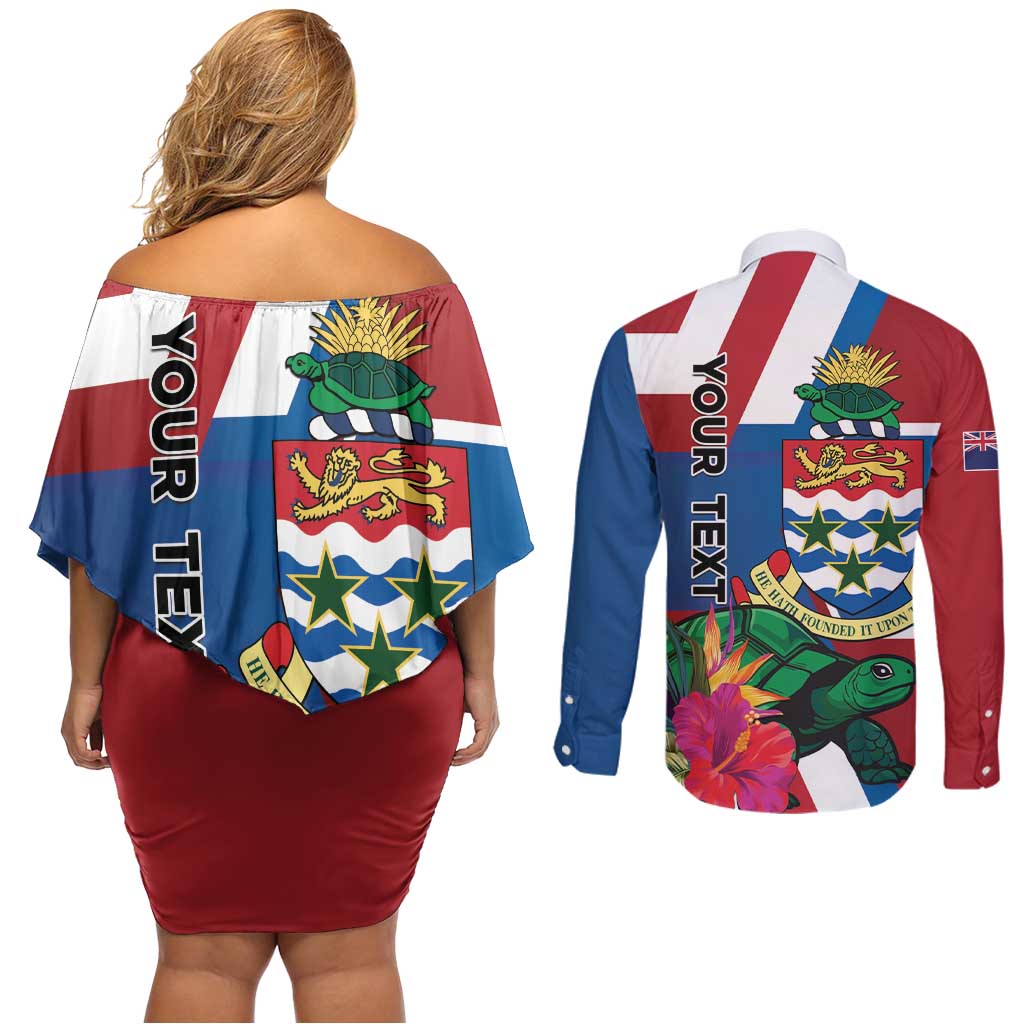 Personalised Cayman Islands Couples Matching Off Shoulder Short Dress and Long Sleeve Button Shirt Tropical Green Turtle