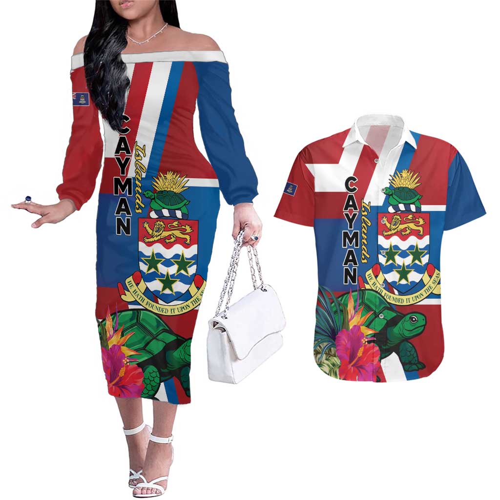 Personalised Cayman Islands Couples Matching Off The Shoulder Long Sleeve Dress and Hawaiian Shirt Tropical Green Turtle