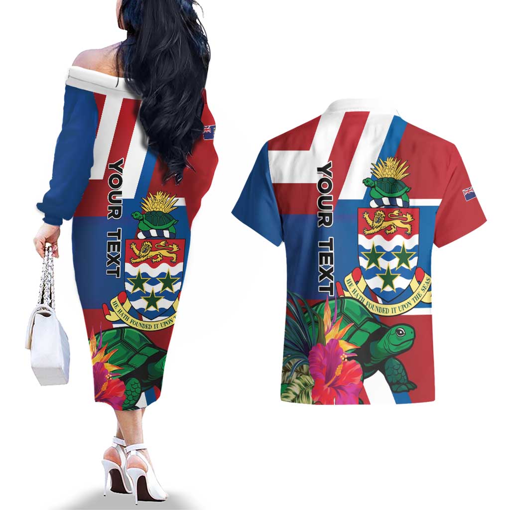 Personalised Cayman Islands Couples Matching Off The Shoulder Long Sleeve Dress and Hawaiian Shirt Tropical Green Turtle