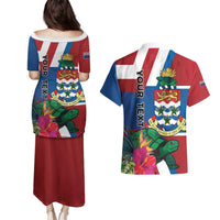 Personalised Cayman Islands Couples Matching Puletasi and Hawaiian Shirt Tropical Green Turtle
