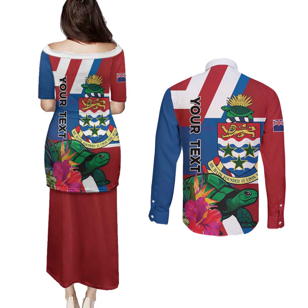 Personalised Cayman Islands Couples Matching Puletasi and Long Sleeve Button Shirt Tropical Green Turtle