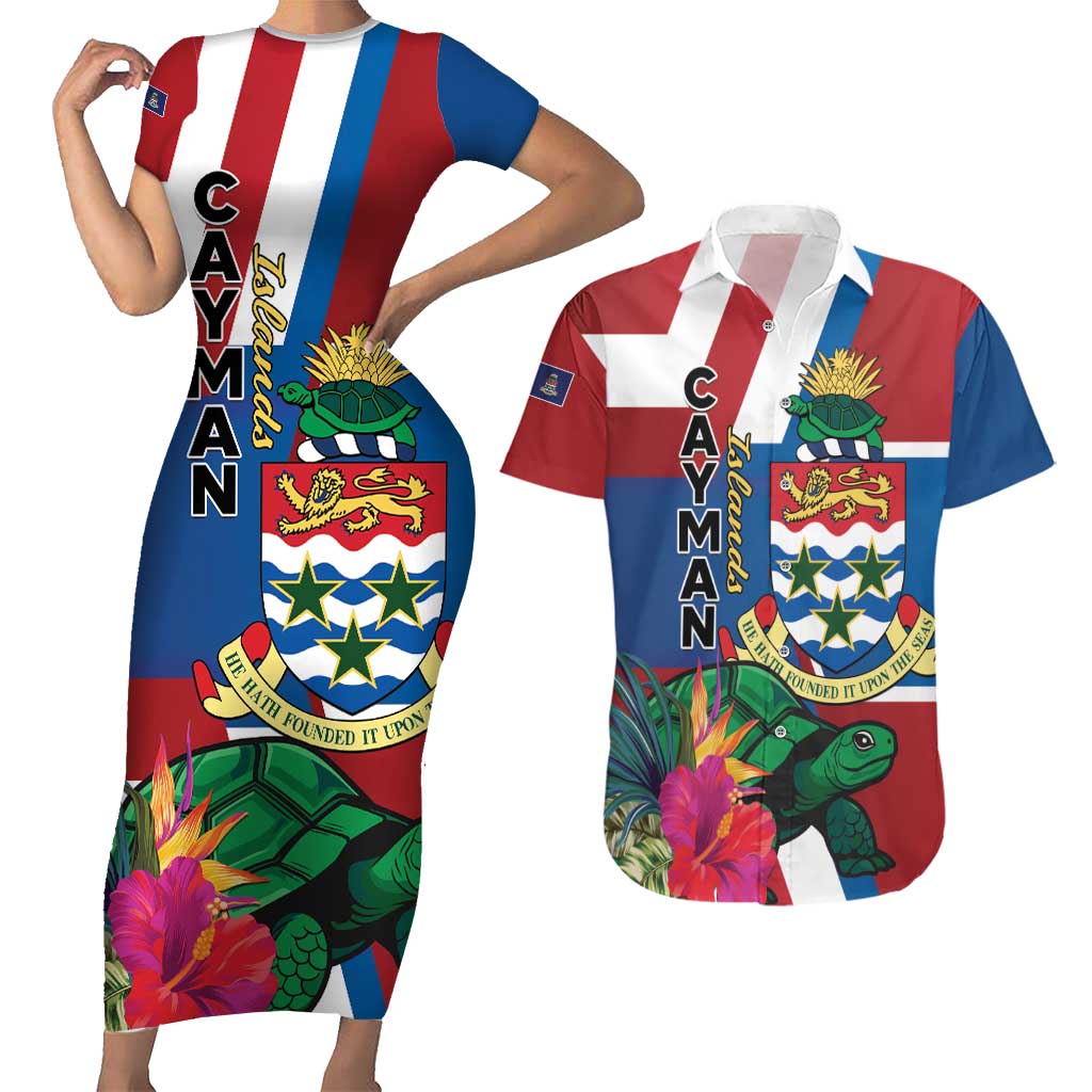 Personalised Cayman Islands Couples Matching Short Sleeve Bodycon Dress and Hawaiian Shirt Tropical Green Turtle