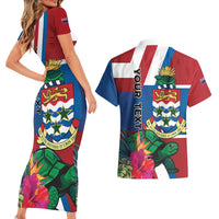 Personalised Cayman Islands Couples Matching Short Sleeve Bodycon Dress and Hawaiian Shirt Tropical Green Turtle