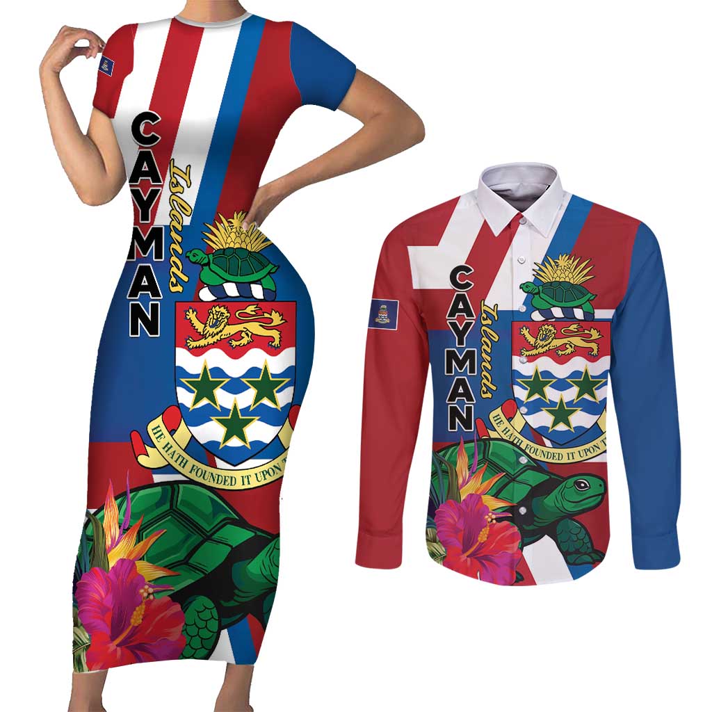 Personalised Cayman Islands Couples Matching Short Sleeve Bodycon Dress and Long Sleeve Button Shirt Tropical Green Turtle