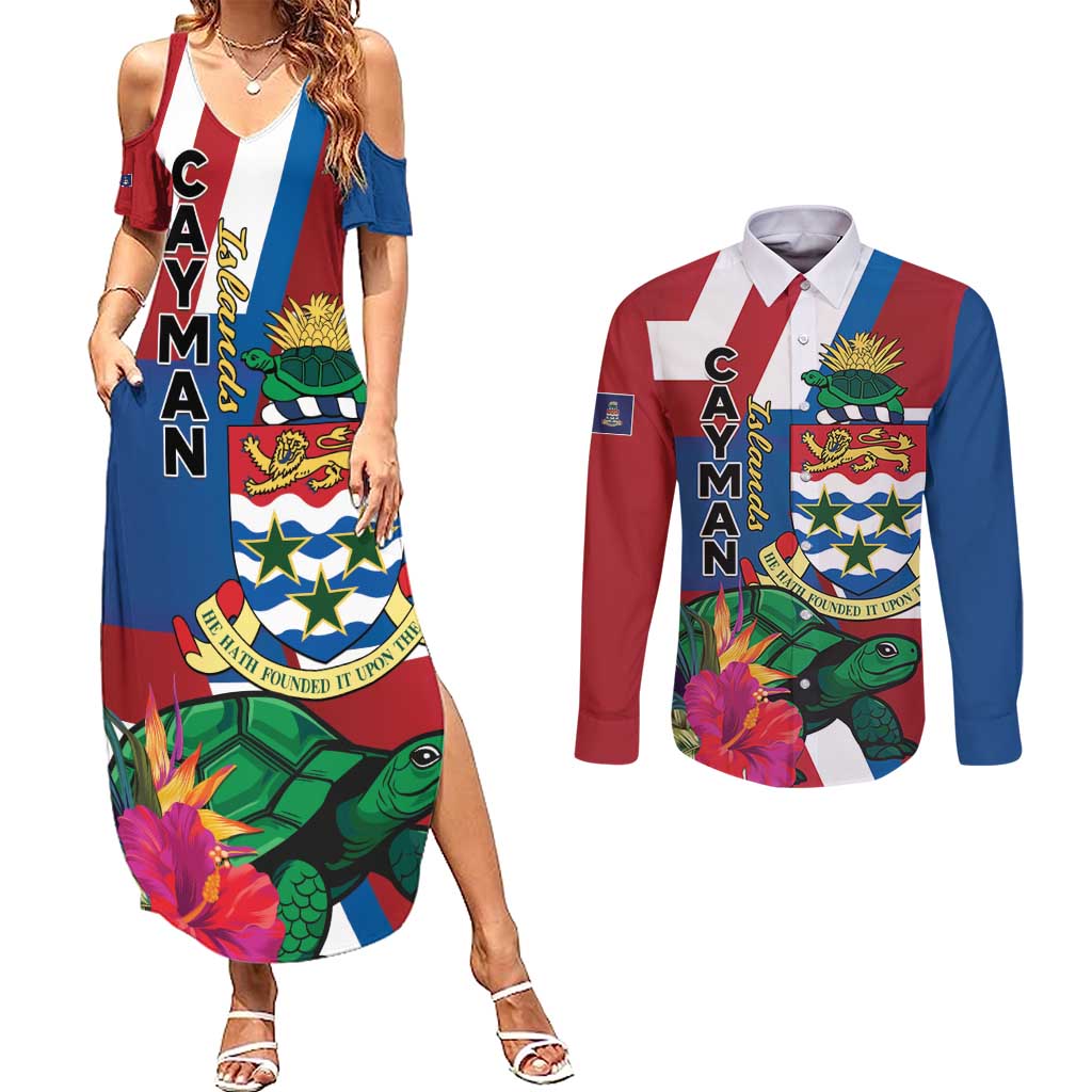 Personalised Cayman Islands Couples Matching Summer Maxi Dress and Long Sleeve Button Shirt Tropical Green Turtle