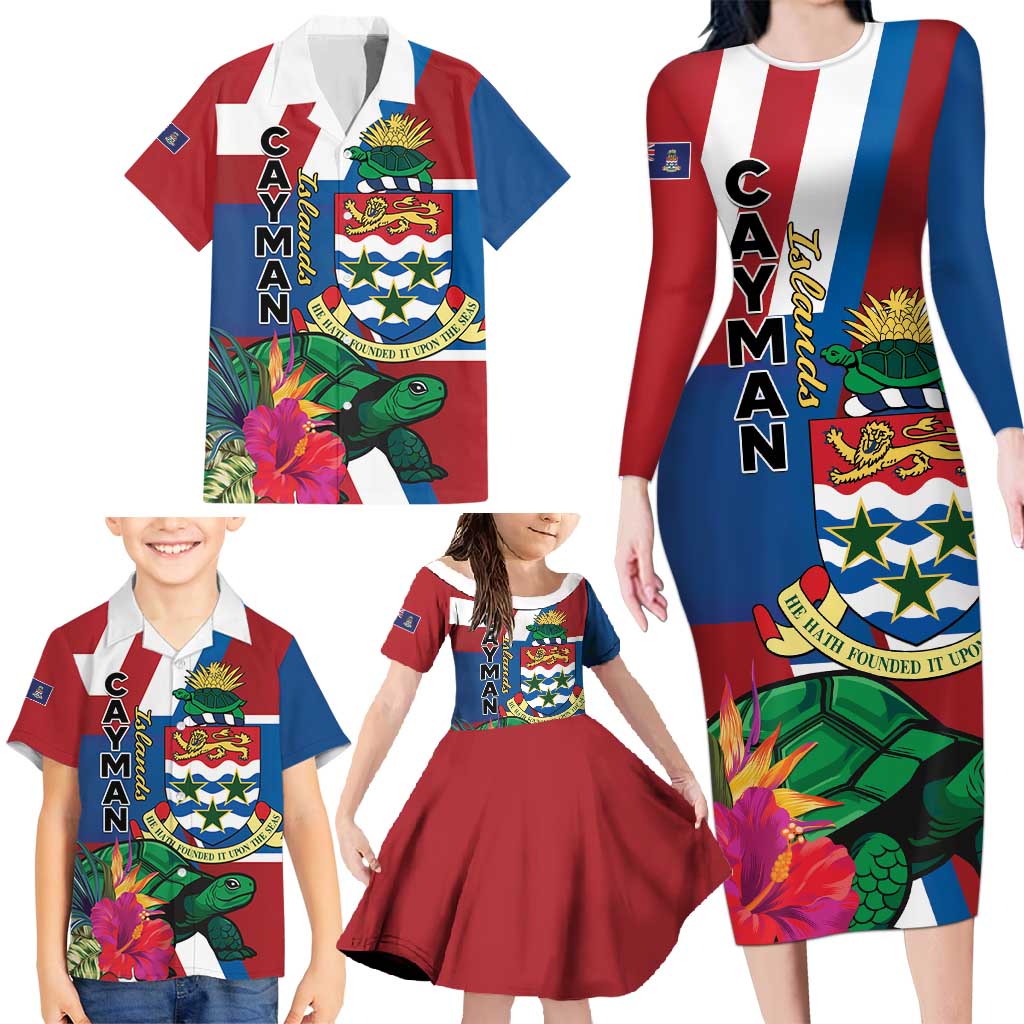 Personalised Cayman Islands Family Matching Long Sleeve Bodycon Dress and Hawaiian Shirt Tropical Green Turtle