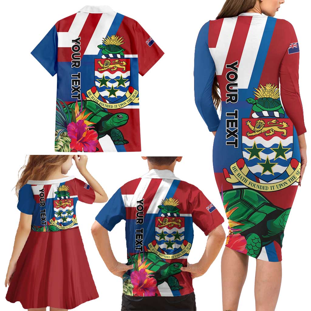 Personalised Cayman Islands Family Matching Long Sleeve Bodycon Dress and Hawaiian Shirt Tropical Green Turtle