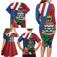 Personalised Cayman Islands Family Matching Long Sleeve Bodycon Dress and Hawaiian Shirt Tropical Green Turtle