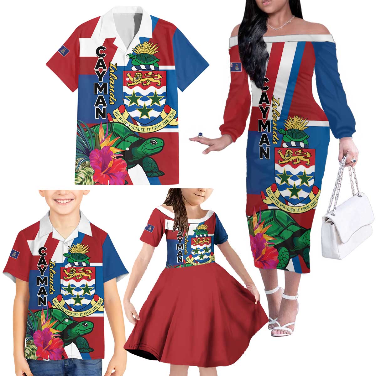 Personalised Cayman Islands Family Matching Off The Shoulder Long Sleeve Dress and Hawaiian Shirt Tropical Green Turtle