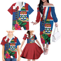 Personalised Cayman Islands Family Matching Off The Shoulder Long Sleeve Dress and Hawaiian Shirt Tropical Green Turtle