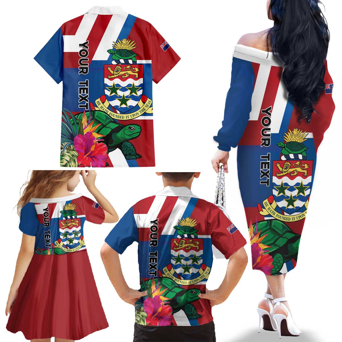 Personalised Cayman Islands Family Matching Off The Shoulder Long Sleeve Dress and Hawaiian Shirt Tropical Green Turtle