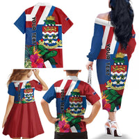 Personalised Cayman Islands Family Matching Off The Shoulder Long Sleeve Dress and Hawaiian Shirt Tropical Green Turtle