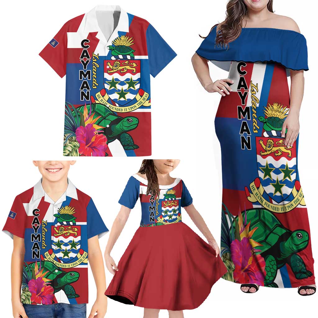 Personalised Cayman Islands Family Matching Off Shoulder Maxi Dress and Hawaiian Shirt Tropical Green Turtle