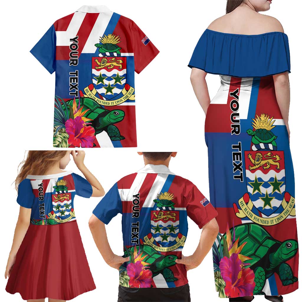 Personalised Cayman Islands Family Matching Off Shoulder Maxi Dress and Hawaiian Shirt Tropical Green Turtle