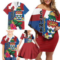 Personalised Cayman Islands Family Matching Off Shoulder Short Dress and Hawaiian Shirt Tropical Green Turtle