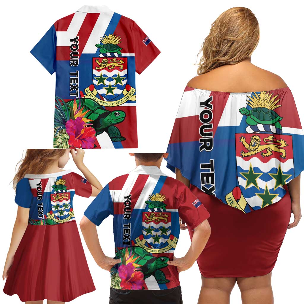 Personalised Cayman Islands Family Matching Off Shoulder Short Dress and Hawaiian Shirt Tropical Green Turtle