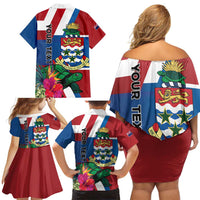 Personalised Cayman Islands Family Matching Off Shoulder Short Dress and Hawaiian Shirt Tropical Green Turtle