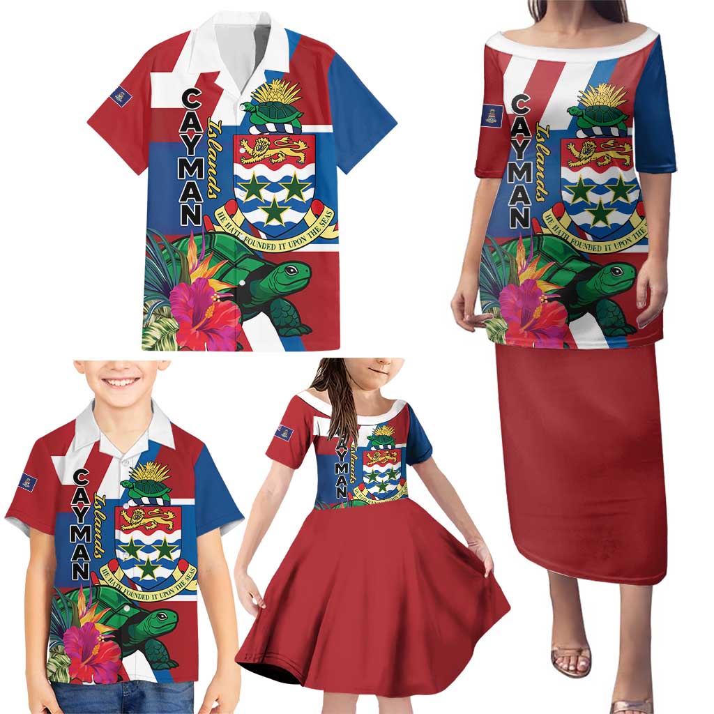 Personalised Cayman Islands Family Matching Puletasi and Hawaiian Shirt Tropical Green Turtle