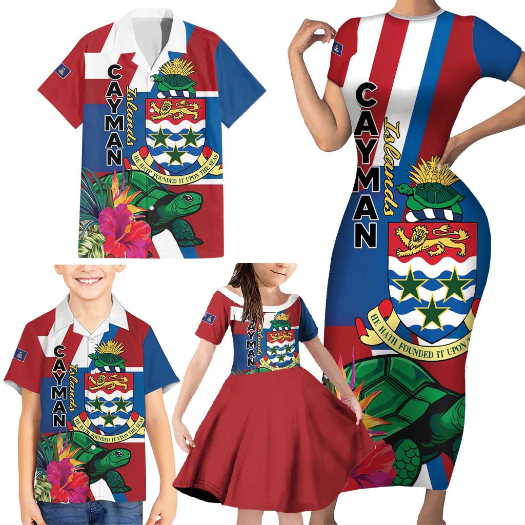 Personalised Cayman Islands Family Matching Short Sleeve Bodycon Dress and Hawaiian Shirt Tropical Green Turtle