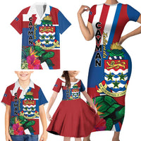 Personalised Cayman Islands Family Matching Short Sleeve Bodycon Dress and Hawaiian Shirt Tropical Green Turtle