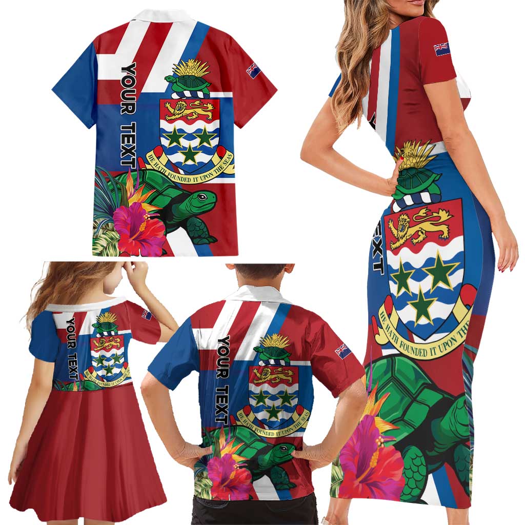 Personalised Cayman Islands Family Matching Short Sleeve Bodycon Dress and Hawaiian Shirt Tropical Green Turtle