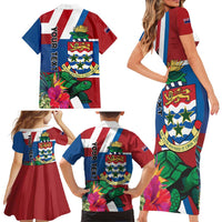 Personalised Cayman Islands Family Matching Short Sleeve Bodycon Dress and Hawaiian Shirt Tropical Green Turtle
