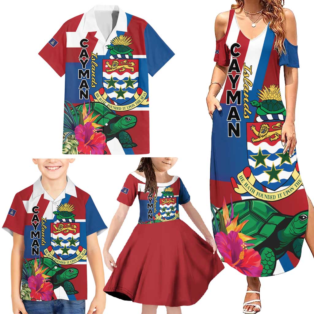Personalised Cayman Islands Family Matching Summer Maxi Dress and Hawaiian Shirt Tropical Green Turtle