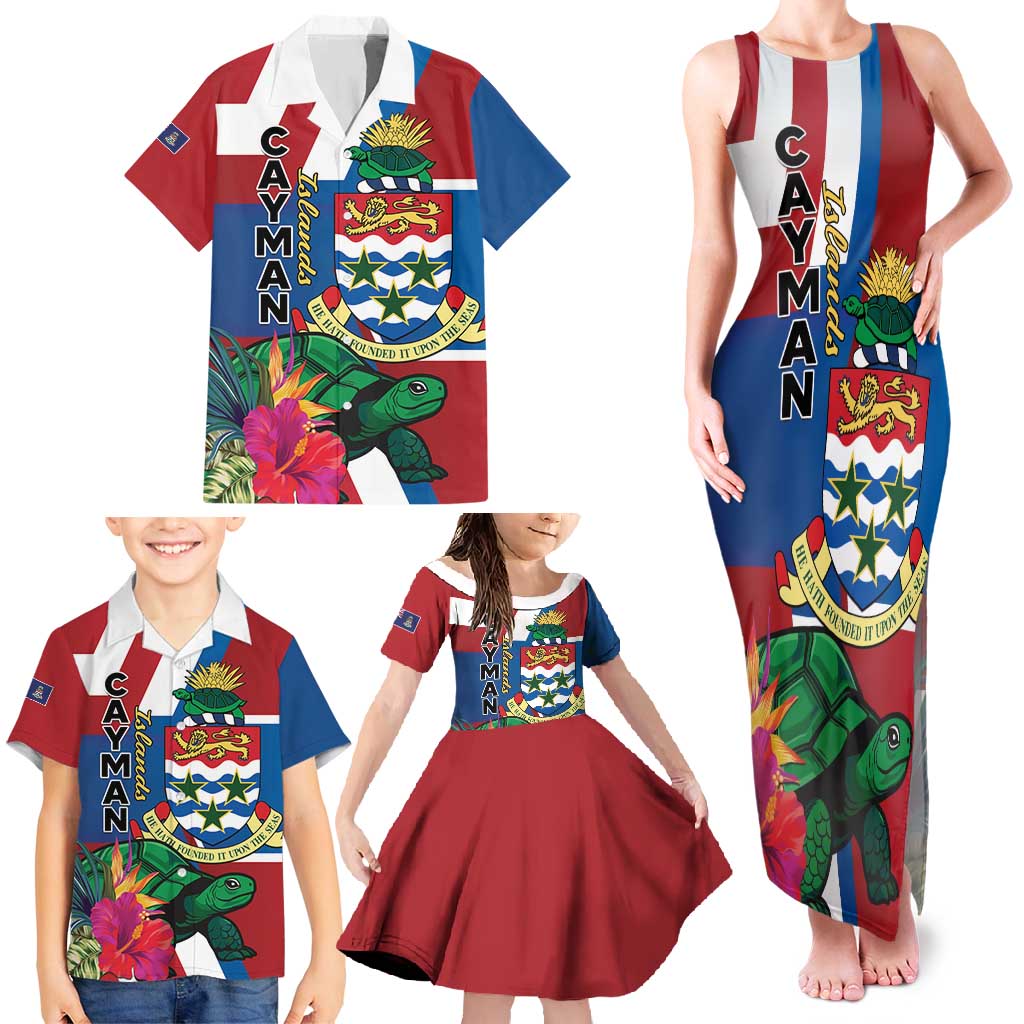Personalised Cayman Islands Family Matching Tank Maxi Dress and Hawaiian Shirt Tropical Green Turtle