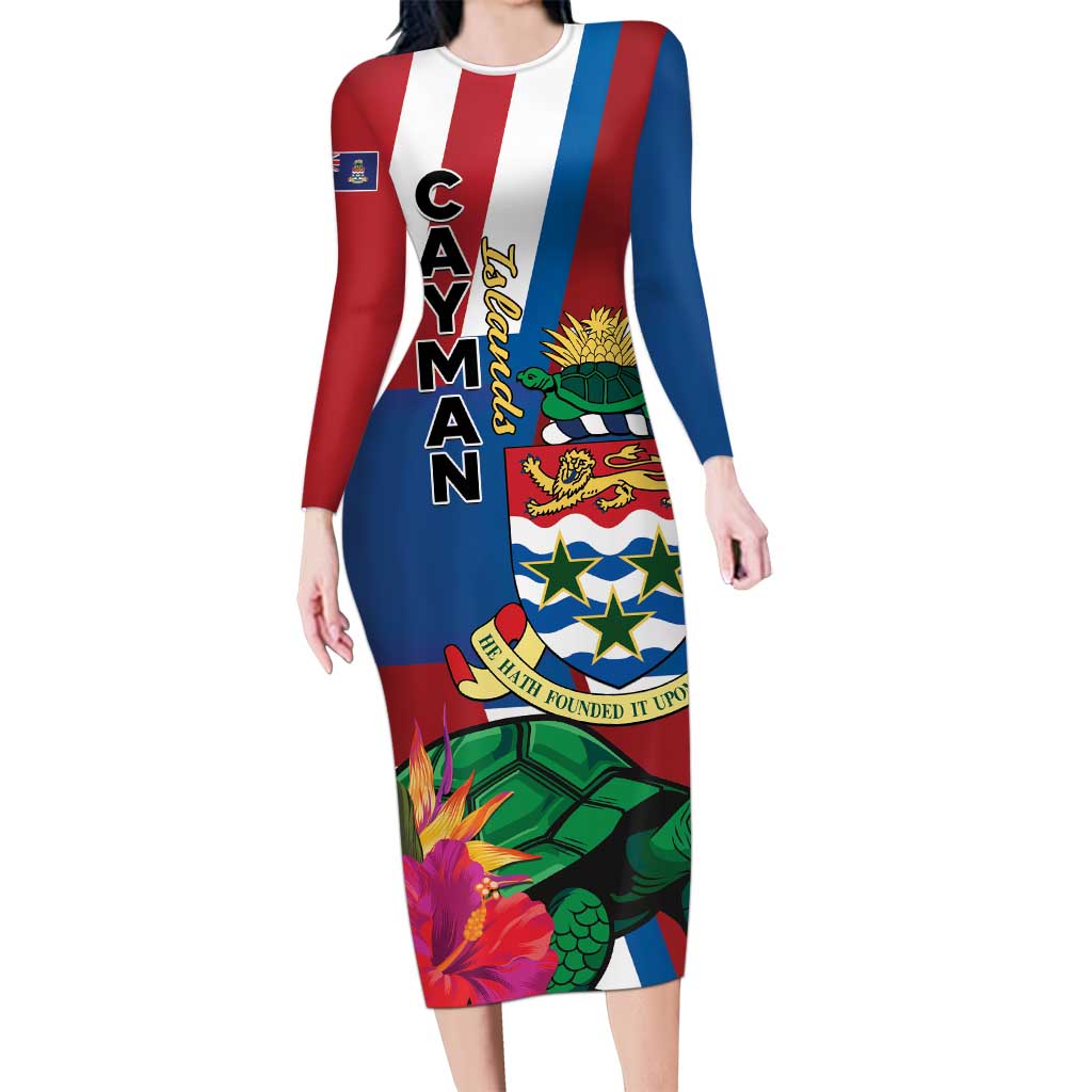 Personalised Cayman Islands Long Sleeve Bodycon Dress Tropical Green Turtle