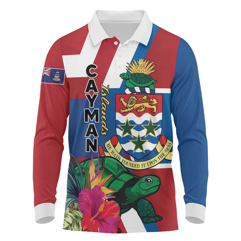 Personalised Cayman Islands Long Sleeve Polo Shirt Tropical Green Turtle