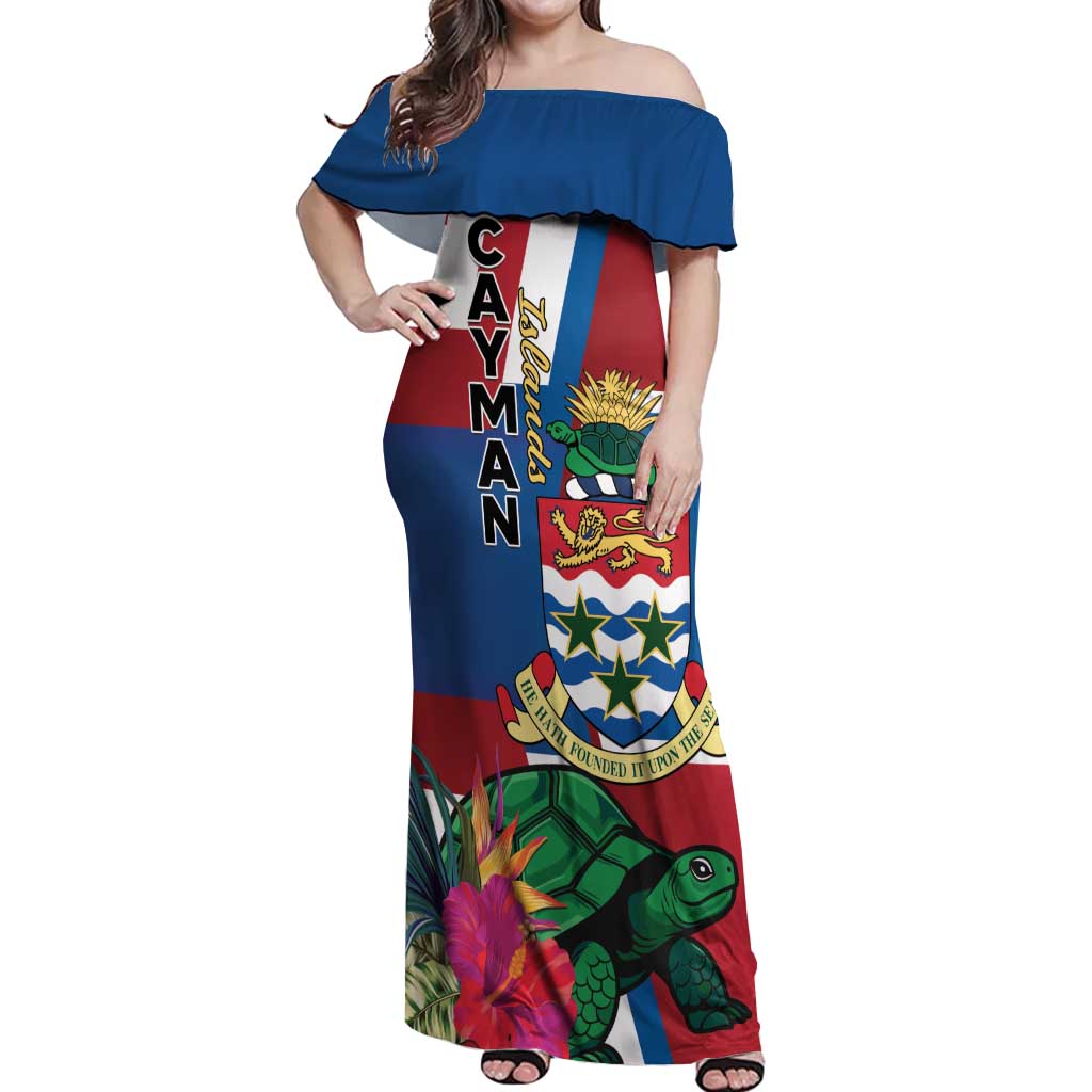 Personalised Cayman Islands Off Shoulder Maxi Dress Tropical Green Turtle