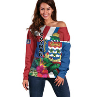 Personalised Cayman Islands Off Shoulder Sweater Tropical Green Turtle