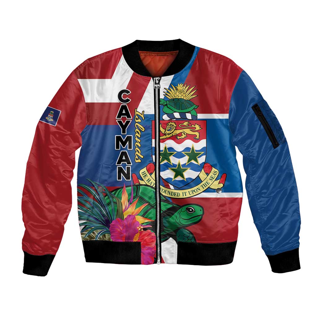 Personalised Cayman Islands Sleeve Zip Bomber Jacket Tropical Green Turtle