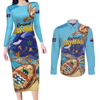 Grand Cayman Map Sea Turtle Couples Matching Long Sleeve Bodycon Dress and Long Sleeve Button Shirt Ocean Vibes