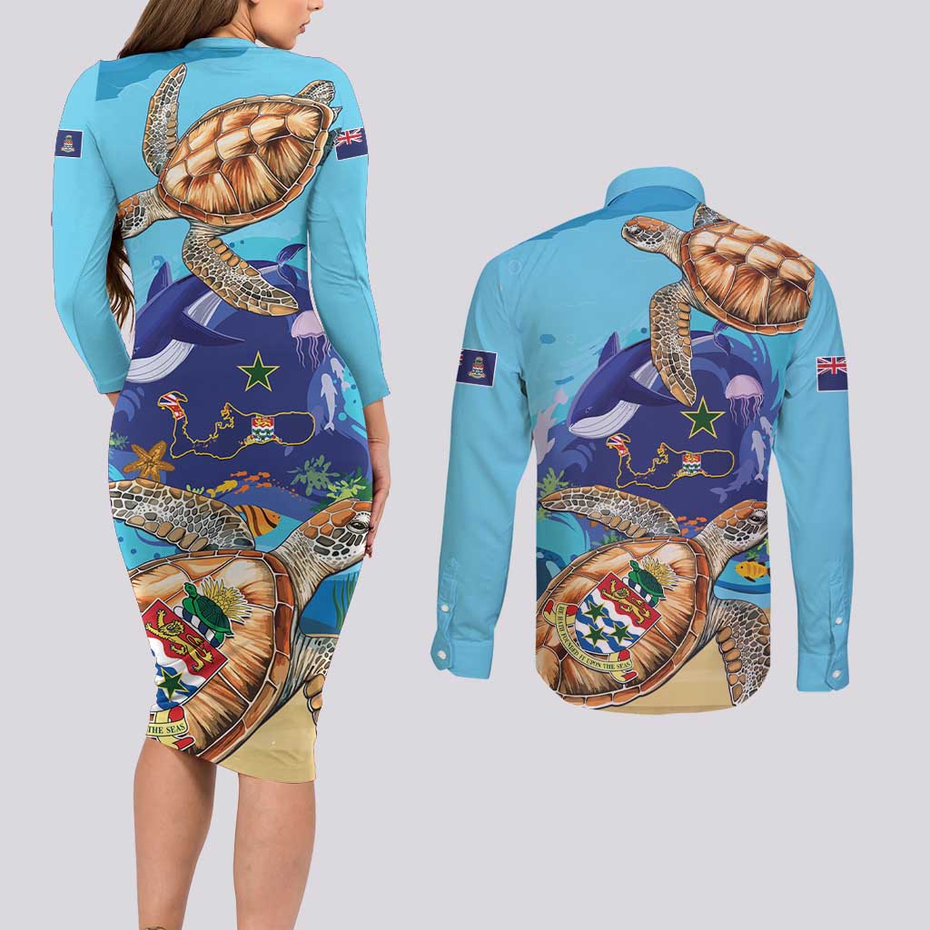 Grand Cayman Map Sea Turtle Couples Matching Long Sleeve Bodycon Dress and Long Sleeve Button Shirt Ocean Vibes