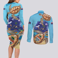 Grand Cayman Map Sea Turtle Couples Matching Long Sleeve Bodycon Dress and Long Sleeve Button Shirt Ocean Vibes