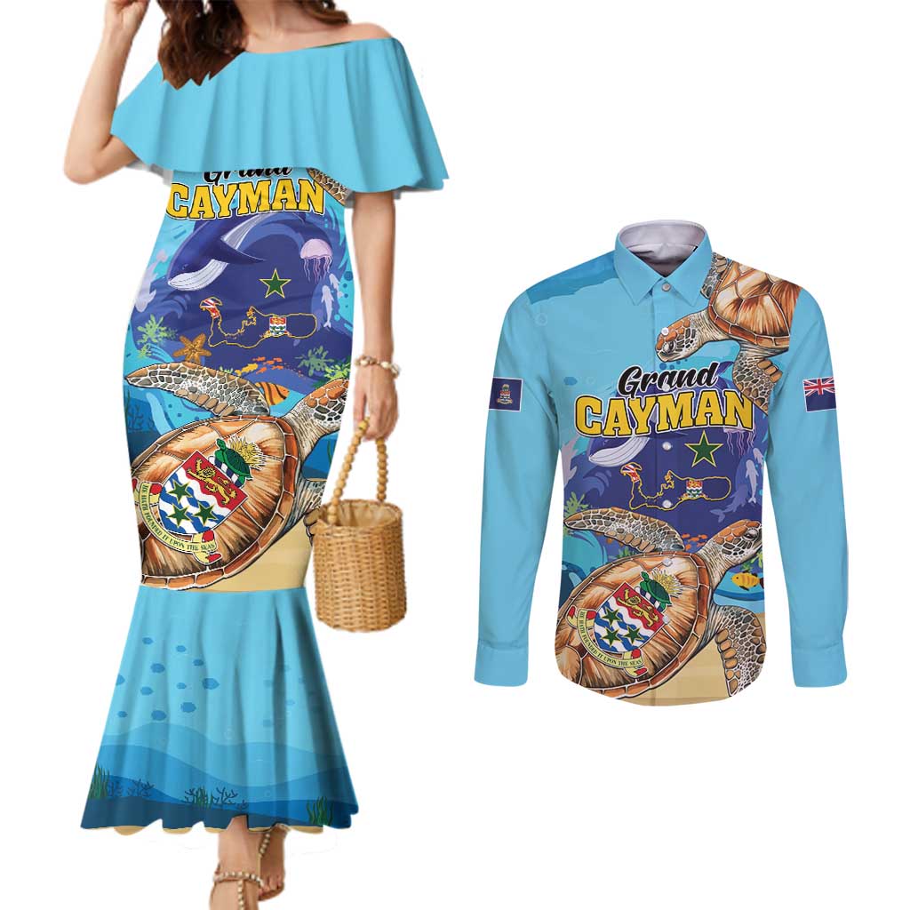 Grand Cayman Map Sea Turtle Couples Matching Mermaid Dress and Long Sleeve Button Shirt Ocean Vibes