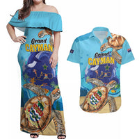 Grand Cayman Map Sea Turtle Couples Matching Off Shoulder Maxi Dress and Hawaiian Shirt Ocean Vibes