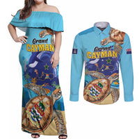Grand Cayman Map Sea Turtle Couples Matching Off Shoulder Maxi Dress and Long Sleeve Button Shirt Ocean Vibes