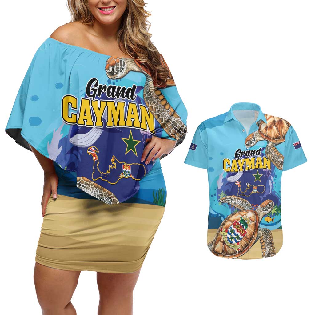 Grand Cayman Map Sea Turtle Couples Matching Off Shoulder Short Dress and Hawaiian Shirt Ocean Vibes