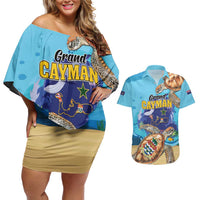 Grand Cayman Map Sea Turtle Couples Matching Off Shoulder Short Dress and Hawaiian Shirt Ocean Vibes