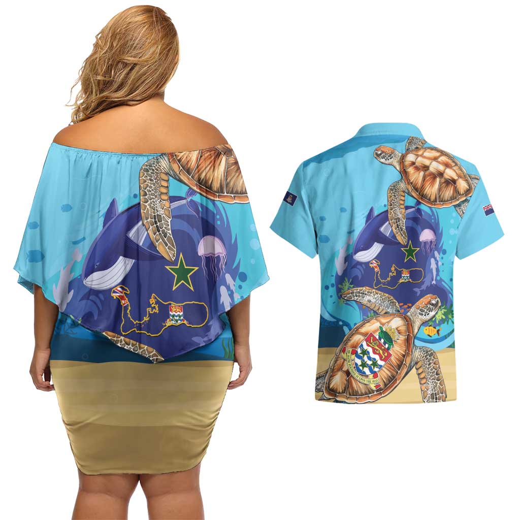 Grand Cayman Map Sea Turtle Couples Matching Off Shoulder Short Dress and Hawaiian Shirt Ocean Vibes