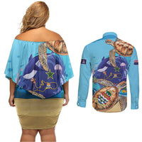 Grand Cayman Map Sea Turtle Couples Matching Off Shoulder Short Dress and Long Sleeve Button Shirt Ocean Vibes