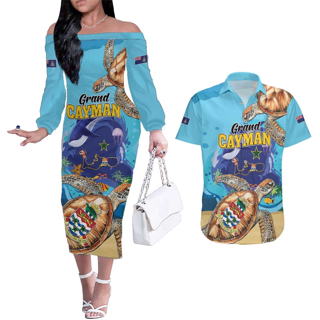 Grand Cayman Map Sea Turtle Couples Matching Off The Shoulder Long Sleeve Dress and Hawaiian Shirt Ocean Vibes