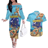 Grand Cayman Map Sea Turtle Couples Matching Off The Shoulder Long Sleeve Dress and Hawaiian Shirt Ocean Vibes