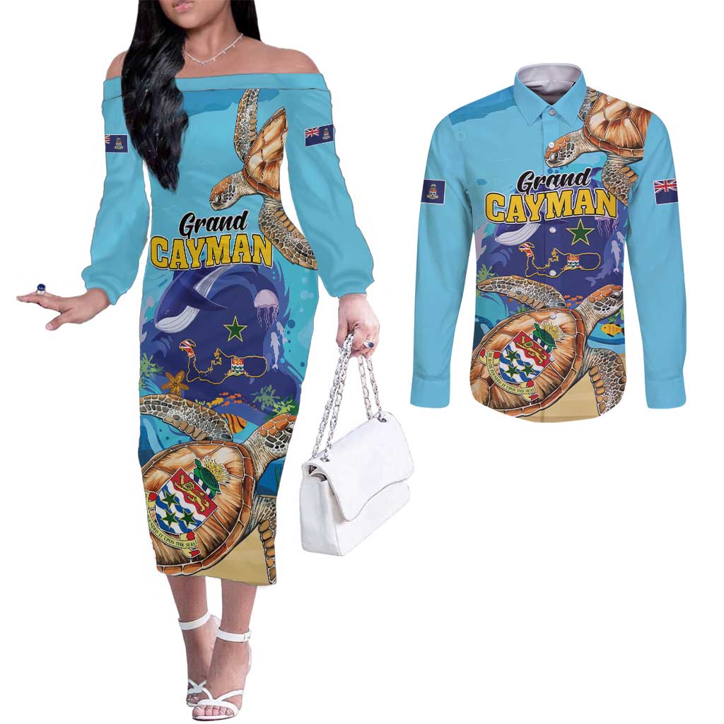 Grand Cayman Map Sea Turtle Couples Matching Off The Shoulder Long Sleeve Dress and Long Sleeve Button Shirt Ocean Vibes
